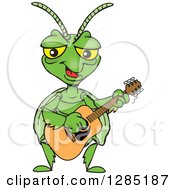 Poster, Art Print Of Cartoon Happy Praying Mantis Playing An Acoustic Guitar