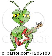 Poster, Art Print Of Cartoon Happy Praying Mantis Playing An Electric Guitar