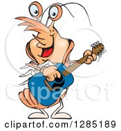 Clipart Of A Cartoon Happy Prawn Shrimp Playing An Acoustic Guitar Royalty Free Vector Illustration by Dennis Holmes Designs