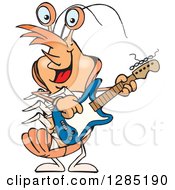 Clipart Of A Cartoon Happy Prawn Shrimp Playing An Electric Guitar Royalty Free Vector Illustration