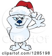 Clipart Of A Friendly Waving Polar Bear Wearing A Christmas Santa Hat Royalty Free Vector Illustration