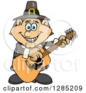 Poster, Art Print Of Cartoon Happy Pilgrim Man Playing An Acoustic Guitar