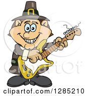 Poster, Art Print Of Cartoon Happy Pilgrim Man Playing An Electric Guitar
