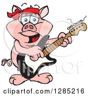Clipart Of A Cartoon Happy Pig Playing An Electric Guitar Royalty Free Vector Illustration