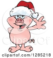 Clipart Of A Friendly Waving Pig Wearing A Christmas Santa Hat Royalty Free Vector Illustration