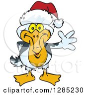 Clipart Of A Friendly Waving Pelican Wearing A Christmas Santa Hat Royalty Free Vector Illustration