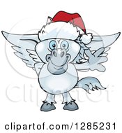 Clipart Of A Friendly Waving Pegasus Horse Wearing A Christmas Santa Hat Royalty Free Vector Illustration