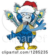 Poster, Art Print Of Friendly Waving Peacock Wearing A Christmas Santa Hat
