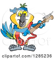 Cartoon Happy Blue And Yellow Macaw Parrot Playing An Electric Guitar
