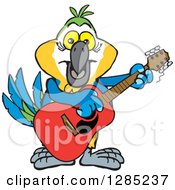 Cartoon Happy Blue And Yellow Macaw Parrot Playing An Acoustic Guitar