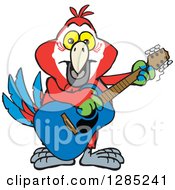 Cartoon Happy Macaw Parrot Playing An Acoustic Guitar