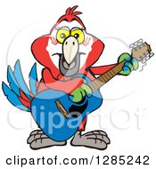 Poster, Art Print Of Cartoon Happy Scarlet Macaw Parrot Playing An Acoustic Guitar