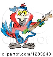 Cartoon Happy Scarlet Macaw Parrot Playing An Electric Guitar