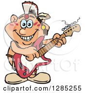 Poster, Art Print Of Cartoon Happy Native American Man Playing An Electric Guitar
