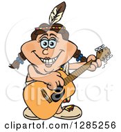 Poster, Art Print Of Cartoon Happy Native American Woman Playing An Acoustic Guitar