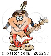 Clipart Of A Cartoon Happy Native American Woman Playing An Electric Guitar Royalty Free Vector Illustration