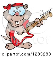 Clipart Of A Cartoon Happy Mole Playing An Electric Guitar Royalty Free Vector Illustration