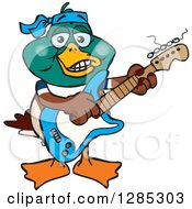 Poster, Art Print Of Cartoon Happy Mallard Duck Playing An Electric Guitar