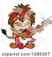 Poster, Art Print Of Cartoon Happy Male Lion Playing An Electric Guitar