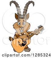 Poster, Art Print Of Cartoon Happy Ibex Goat Playing An Acoustic Guitar