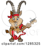 Poster, Art Print Of Cartoon Happy Ibex Goat Playing An Electric Guitar