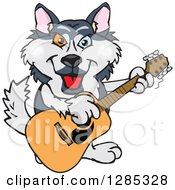 Clipart Of A Cartoon Happy Husky Dog Playing An Acoustic Guitar Royalty Free Vector Illustration