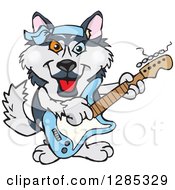 Clipart Of A Cartoon Happy Husky Dog Playing An Electric Guitar Royalty Free Vector Illustration