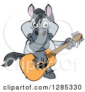 Poster, Art Print Of Cartoon Happy Gray Horse Playing An Acoustic Guitar