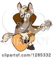 Poster, Art Print Of Cartoon Happy Brown Horse Playing An Acoustic Guitar