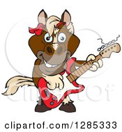 Poster, Art Print Of Cartoon Happy Brown Horse Playing An Electric Guitar