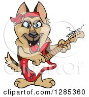 Cartoon Happy German Shepherd Dog Playing An Electric Guitar