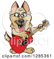 Poster, Art Print Of Cartoon Happy German Shepherd Dog Playing An Acoustic Guitar