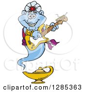 Clipart Of A Cartoon Happy Jinn Genie Playing An Electric Guitar Royalty Free Vector Illustration