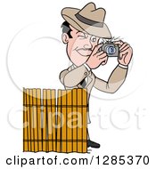 Cartoon Caucasian Male Detective Taking Pictures Behind A Screen
