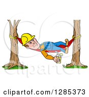 Cartoon Caucasian Male Craftsman Contractor Holding Lemonade And Resting On A Hammock