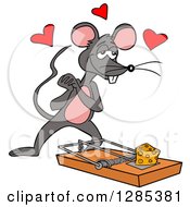 Cartoon Amorous Mouse Looking At Cheese On A Trap