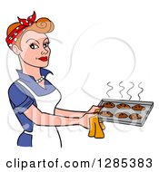 Cartoon Retro Caucasian Woman Holding A Tray Of Hot Fresh Cookies