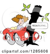 Brunette White Woman With Her Car Wrapped Around A Tree And Gps Navigation Recalculating