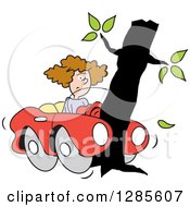 Brunette White Woman With Her Convertible Car Wrapped Around A Tree
