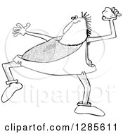 Clipart Cartoon Of A Black And White Hairy Caveman Throwing A Rock Royalty Free Vector Illustration