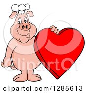 Happy Chef Pig Standing And Holding A Red Valentine Heart