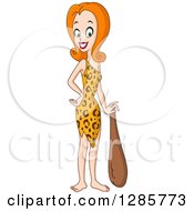 Clipart Of A Red Haired Cave Woman Leaning On A Club Royalty Free Vector Illustration by yayayoyo