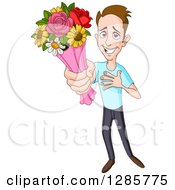 Smitten Caucasian Man Holding Up A Bouquet Of Flowers
