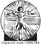 Clipart Of A Black And White Woodcut Da Vinci Vitruvian Man Royalty Free Vector Illustration