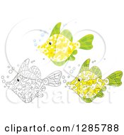 Clipart Of Black And White And Green Marine Fish Royalty Free Vector Illustration