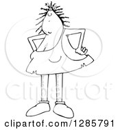 Clipart Of A Black And White Hairy Cavewoman Standing With Hands On Her Hips And A Bone In Her Hair Royalty Free Vector Illustration