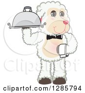 Happy Lamb Mascot Character Waiter Holding A Cloche Platter
