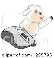Poster, Art Print Of Happy Lamb Mascot Character Waving By A Giant Computer Mouse