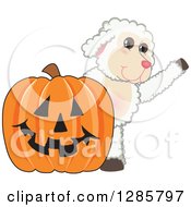 Happy Lamb Mascot Character Waving By A Giant Halloween Jackolantern Pumpkin