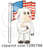 Happy Lamb Mascot Character Pledging Allegiance To An American Flag